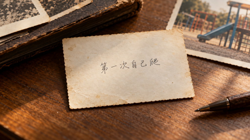 老照片背面手寫著第一次自己爬，旁邊放著相簿和筆