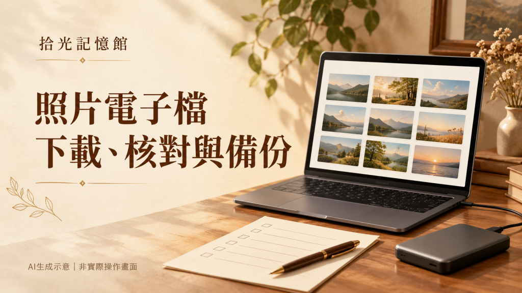 照片電子檔核對與備份示意，AI 生成，非實際操作畫面