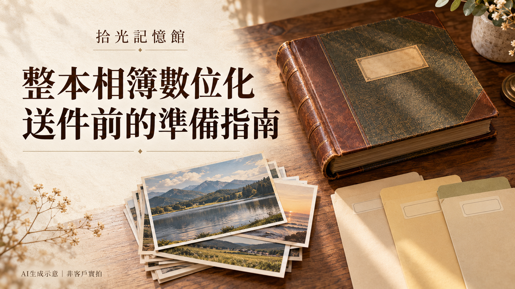 老相簿與散裝相片的整理示意,AI 生成,非客戶實拍