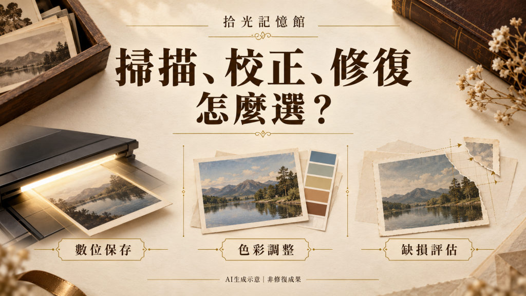 掃描、色彩校正與修復選擇指南示意，AI 生成，非修復成果