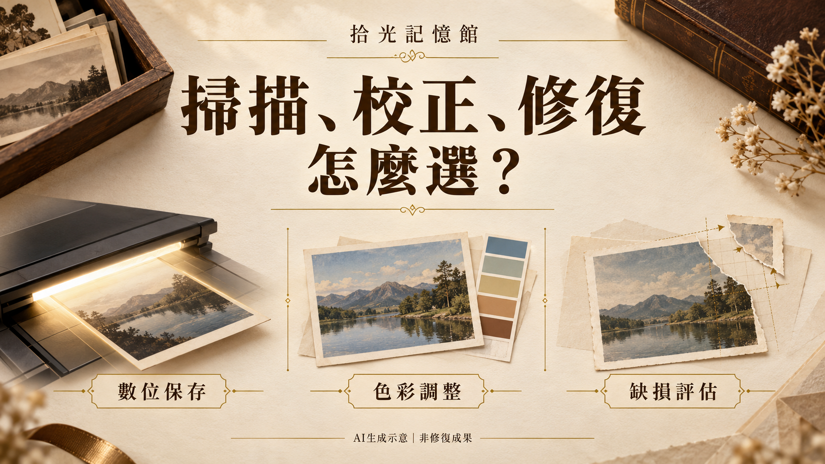 掃描、色彩校正與修復選擇指南示意,AI 生成,非修復成果